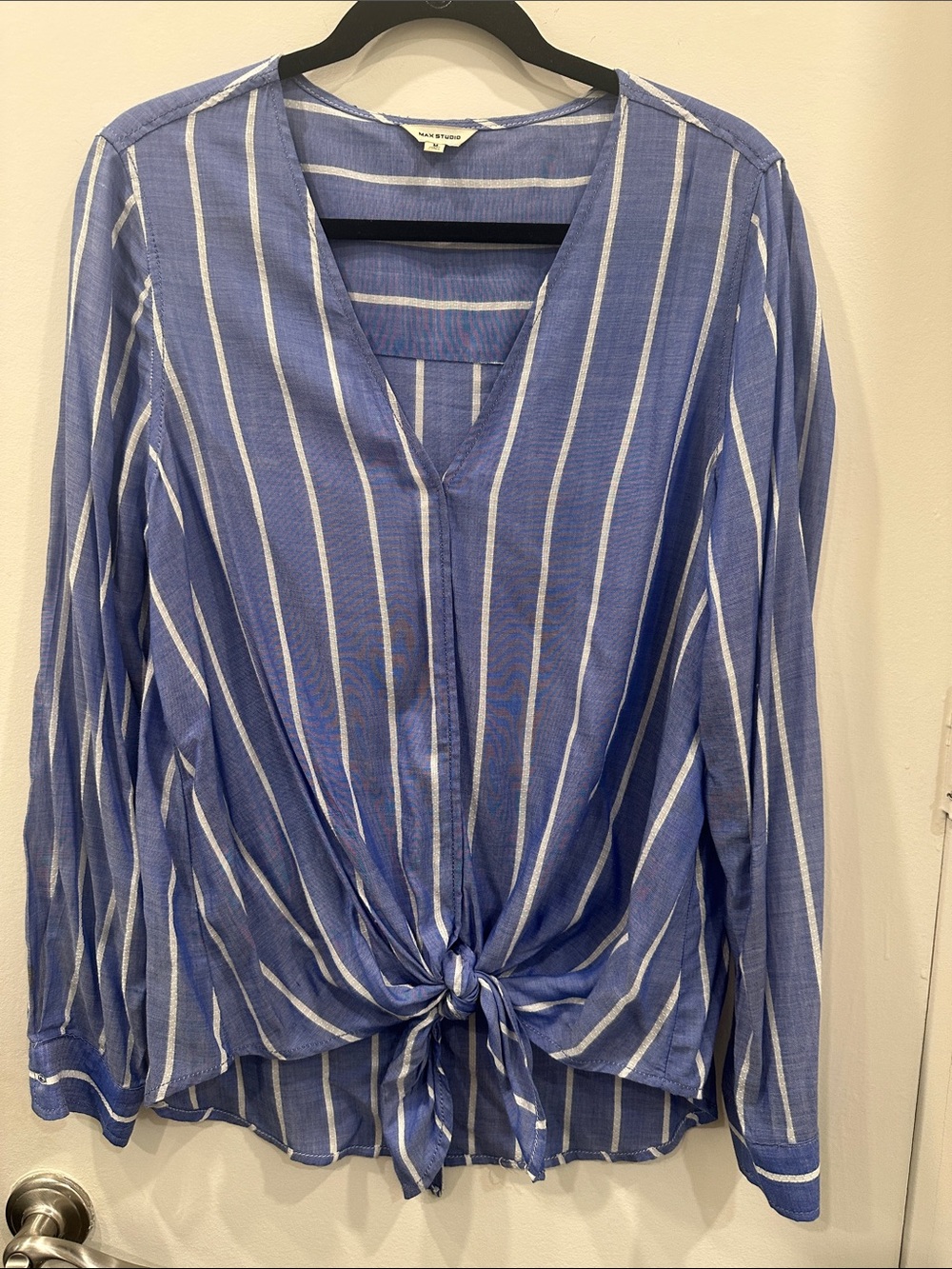 Max Studio Blue and White Striped Tie-Front V-Neck Blouse